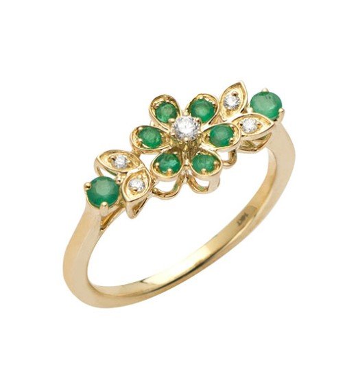 14KY 0.10CTW DIAMOND & EMERALD FLOWER RING