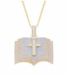 10 Karat Triple-Tone Gold 3.56 Carat Diamonds Latin Cross on Book HipHop Pendant-1032104-TTT