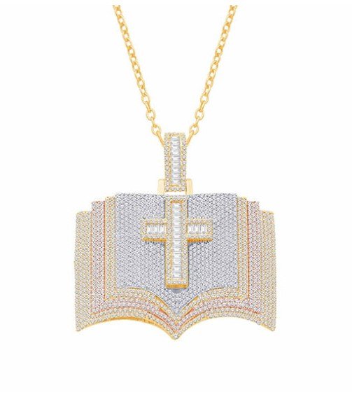 10 Karat Triple-Tone Gold 3.56 Carat Diamonds Latin Cross on Book HipHop Pendant-1032104-TTT